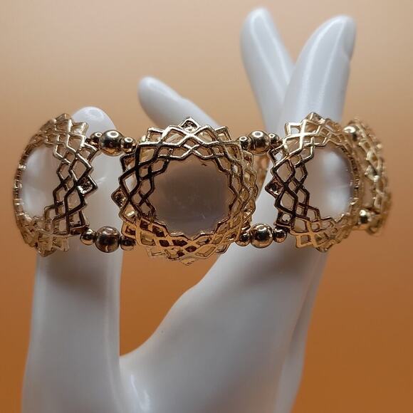 White Pearled Cabochon Stretch Bracelet, Gold Tone Filigree Frames, 7" plus - Picture 2 of 8